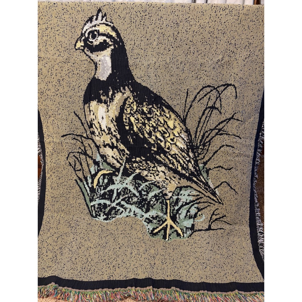 VTG Woven Tapestry Throw Blanket 65x52 In Bird Quail Pheasant Fringed Hunting